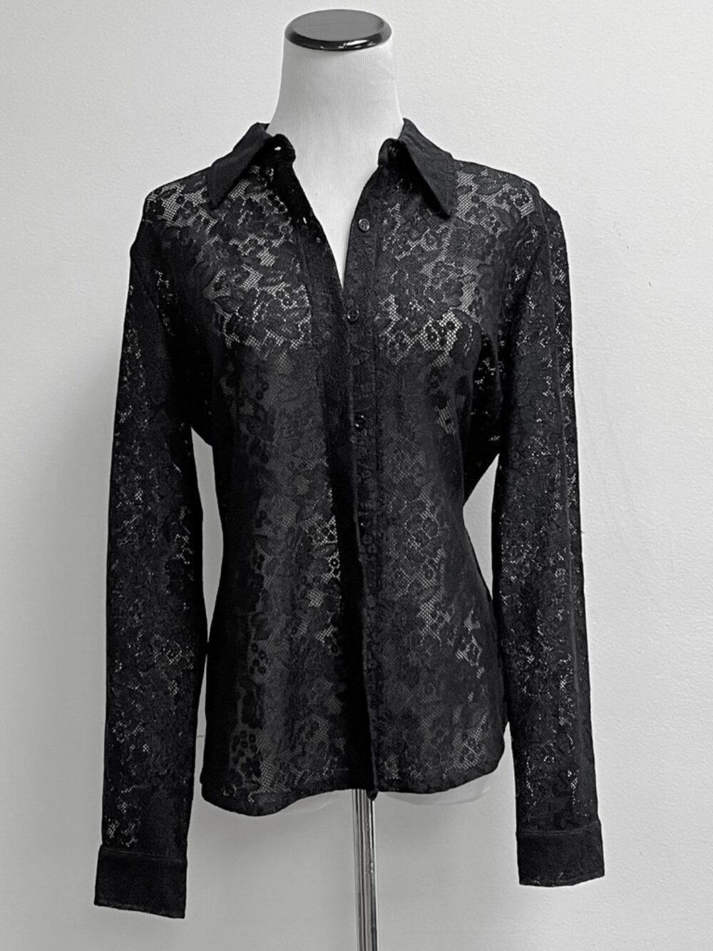 New York & Company dark blue lace button up top M long sleeve sheer Vintage NWOT